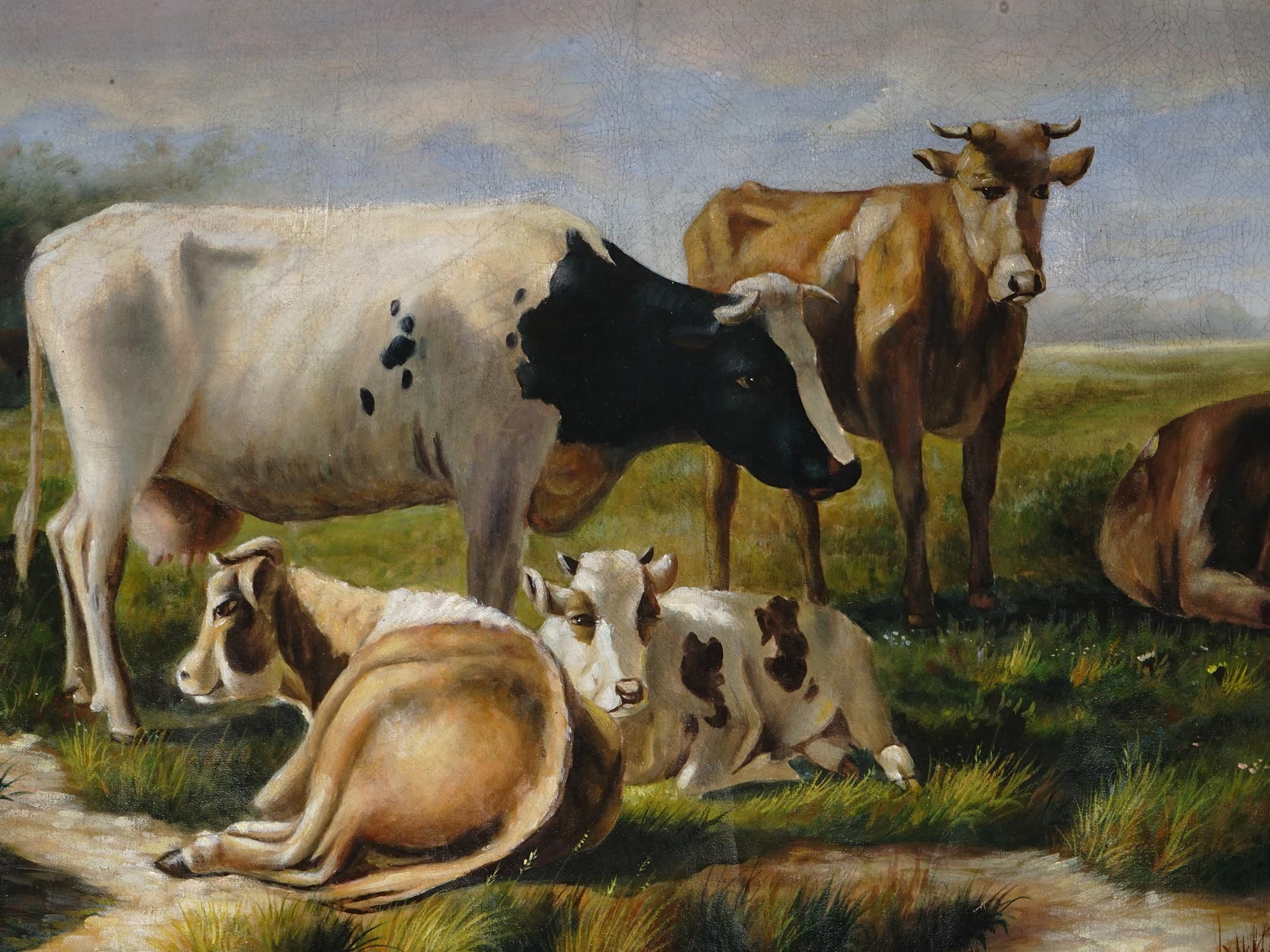 OIL ON CANVAS PAINTING GREEN LANDSCAPE WITH COWS PIC-1